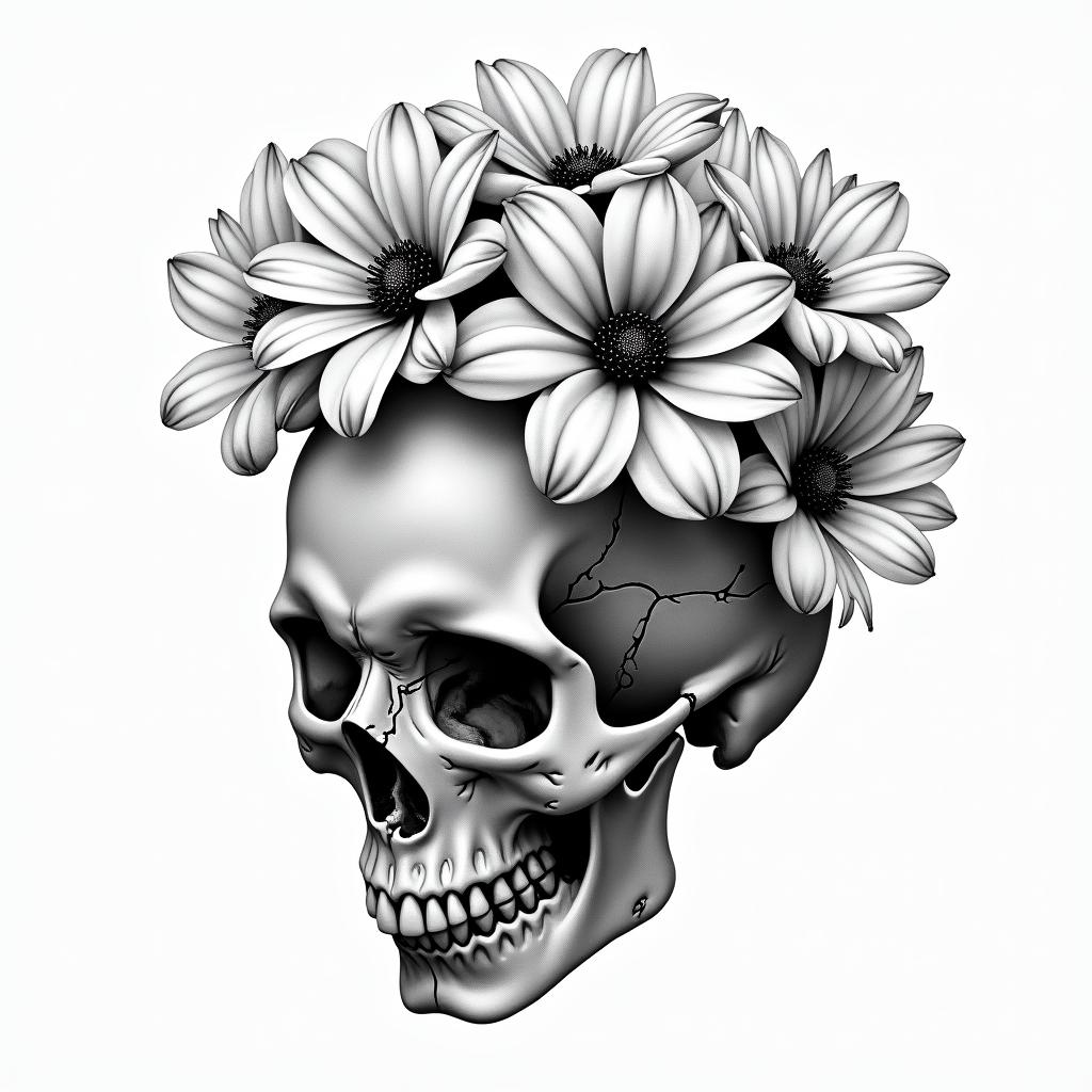 Depression, skull, flowers coming out top of skullin realism tattoo style, featuring a highly detailed, lifelike, capturing every detail, photorealistic, ultra realistic, intricate shading, smooth and sharp, - Variation 4