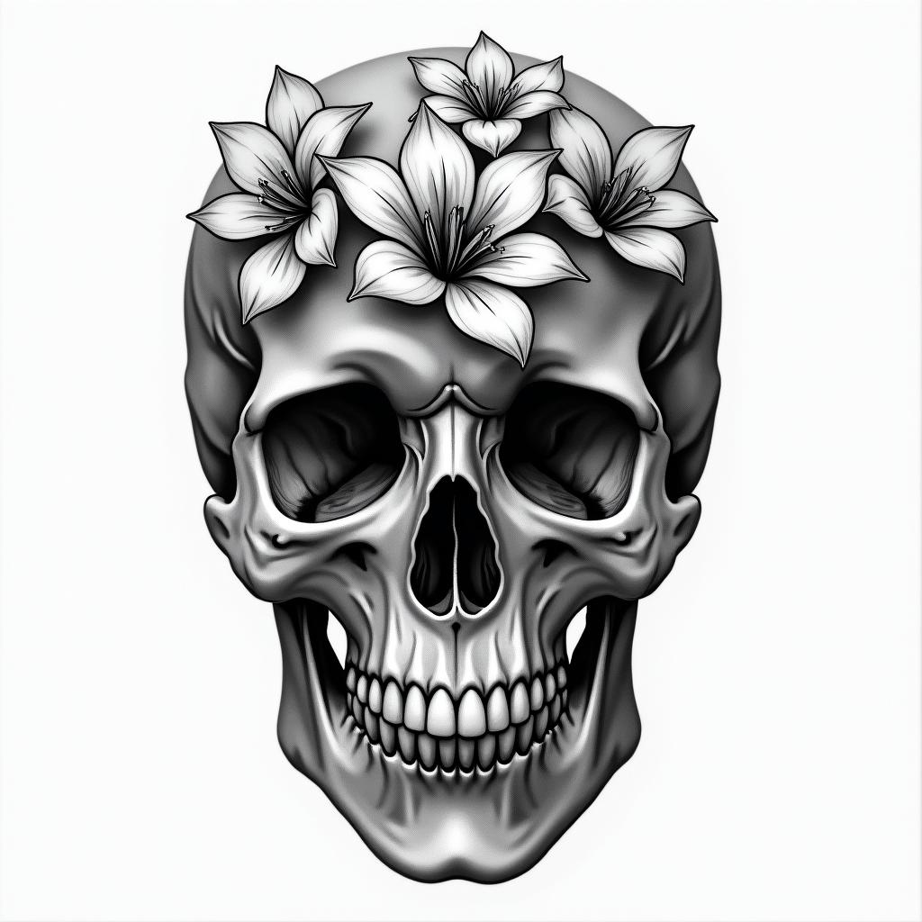 Depression, skull, flowers coming out top of skullin realism tattoo style, featuring a highly detailed, lifelike, capturing every detail, photorealistic, ultra realistic, intricate shading, smooth and sharp, - Variation 2