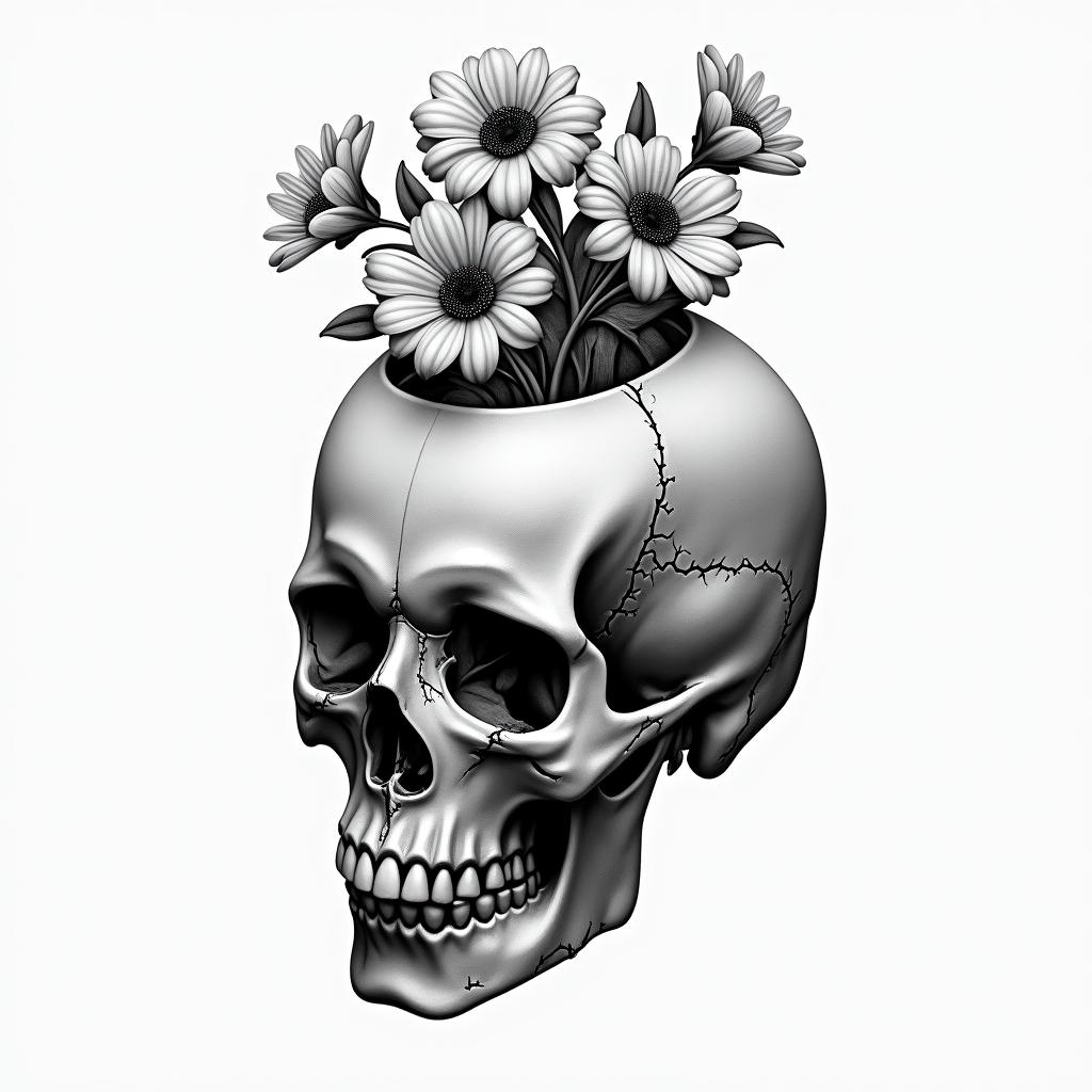 Depression, skull, flowers coming out top of skullin realism tattoo style, featuring a highly detailed, lifelike, capturing every detail, photorealistic, ultra realistic, intricate shading, smooth and sharp,