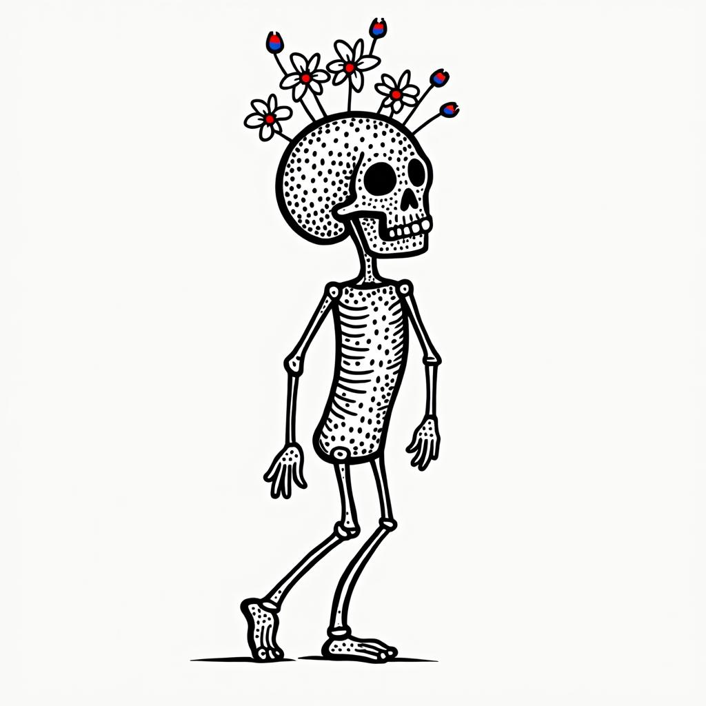 Depression, skull, flowers coming out top of skullabstract dancing figures in Keith Haring style, featuring bold black outlines and solid color fills, figures posed in dynamic and playful dance movements, minimalist design - Variation 4