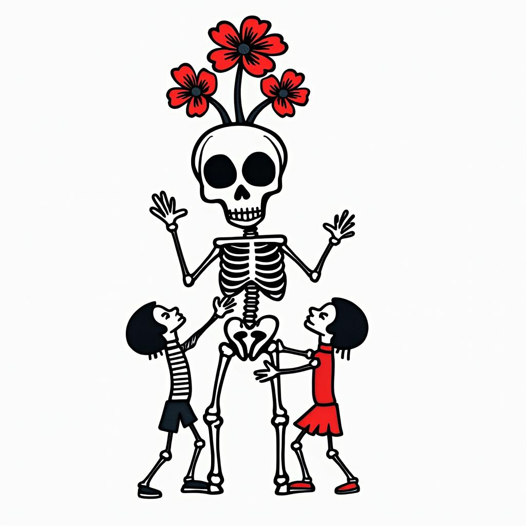 Depression, skull, flowers coming out top of skullabstract dancing figures in Keith Haring style, featuring bold black outlines and solid color fills, figures posed in dynamic and playful dance movements, minimalist design - Variation 2