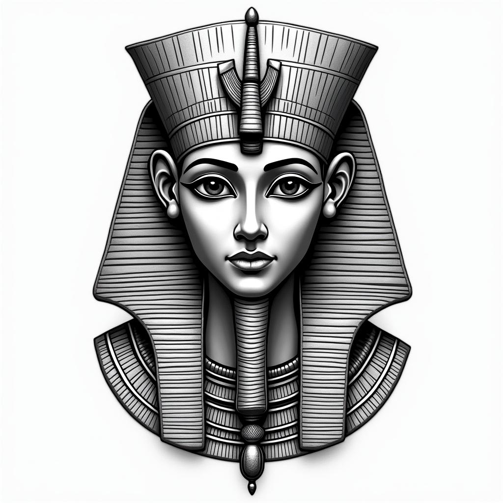 Guy, viergein egyptian style tattoo, bold elements of ancient egyptian culture including a portrait of an Egyptian pharaoh with detailed facial features, in hieroglyphs and symbolic imagery, eye of horus, ankh symbol, scarab beetle - Variation 4