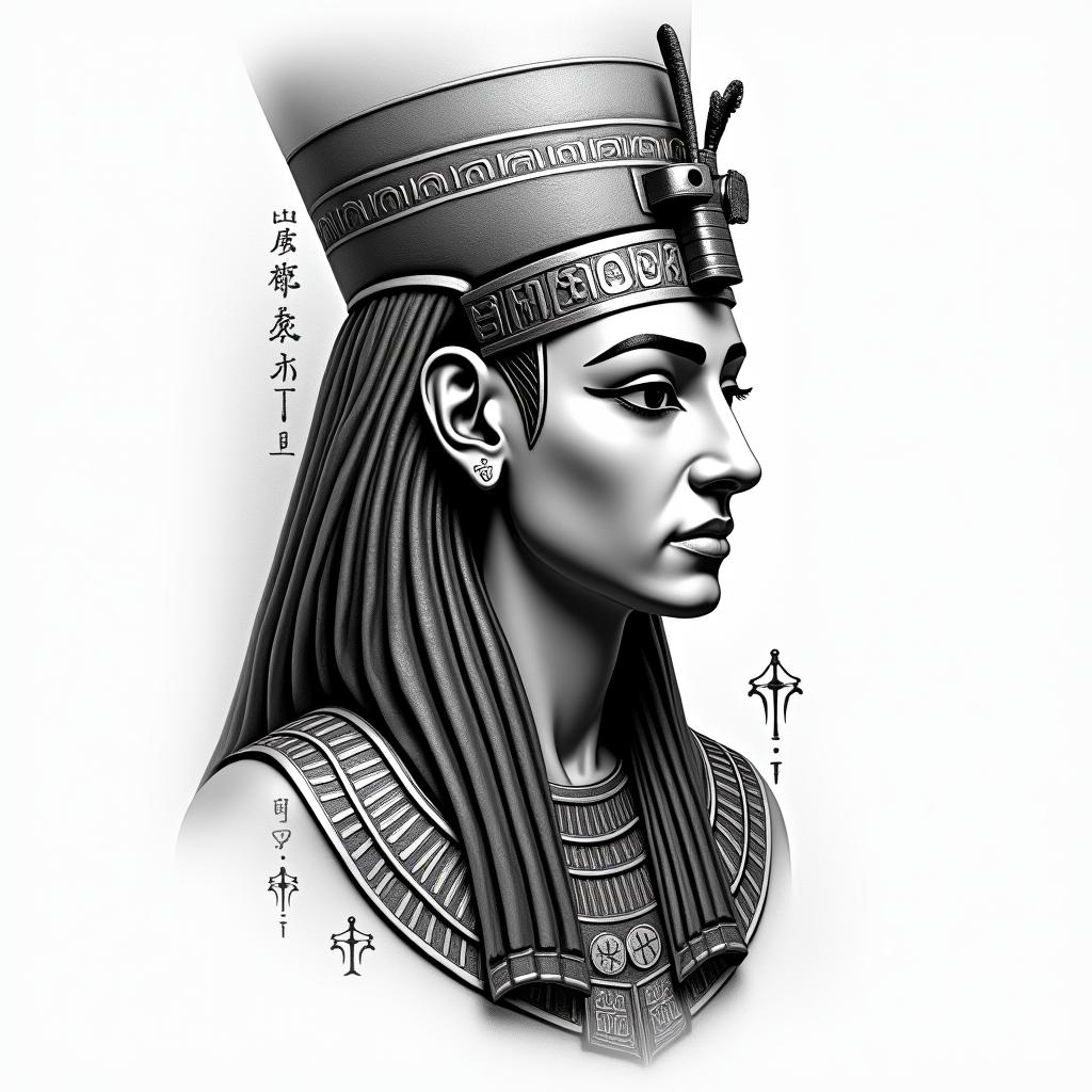 Guy, viergein egyptian style tattoo, bold elements of ancient egyptian culture including a portrait of an Egyptian pharaoh with detailed facial features, in hieroglyphs and symbolic imagery, eye of horus, ankh symbol, scarab beetle - Variation 3