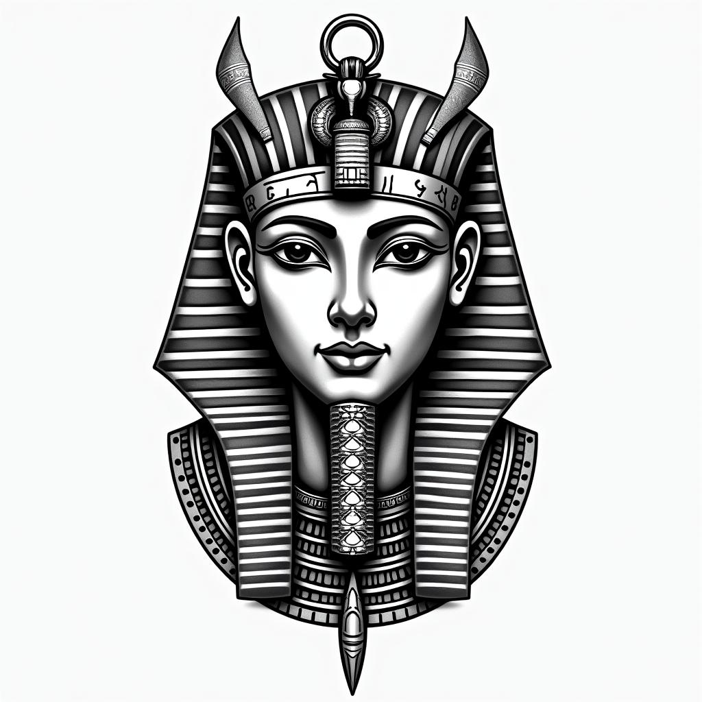 Guy, viergein egyptian style tattoo, bold elements of ancient egyptian culture including a portrait of an Egyptian pharaoh with detailed facial features, in hieroglyphs and symbolic imagery, eye of horus, ankh symbol, scarab beetle - Variation 2