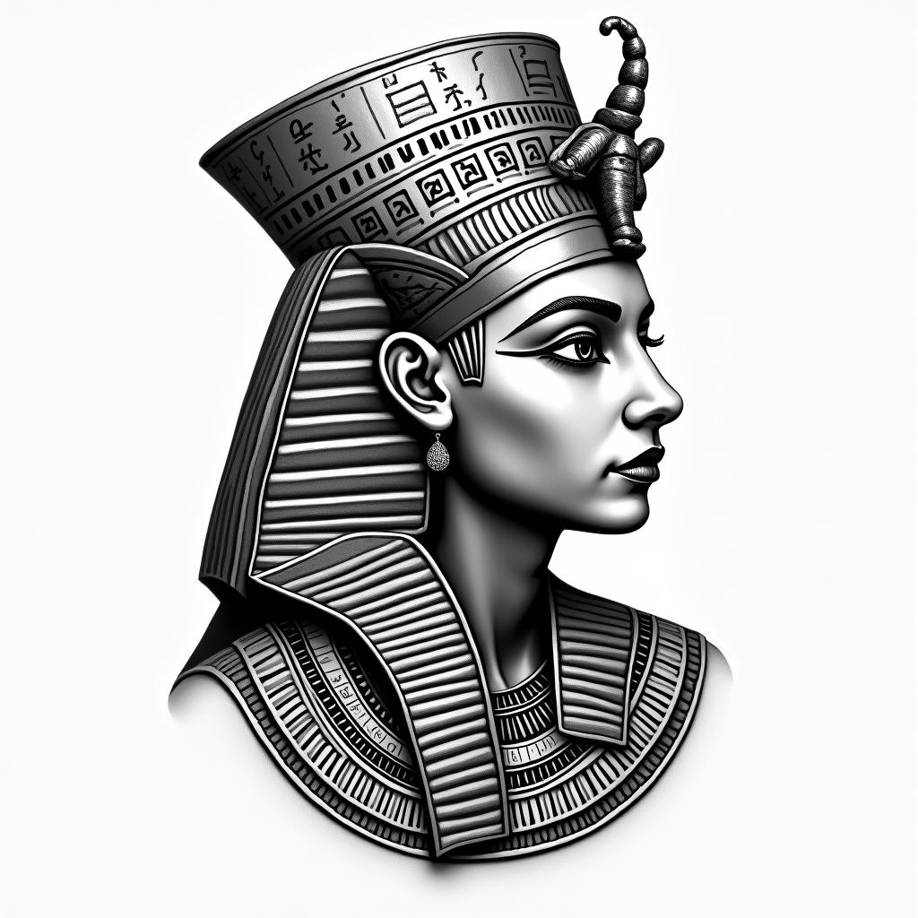 Guy, viergein egyptian style tattoo, bold elements of ancient egyptian culture including a portrait of an Egyptian pharaoh with detailed facial features, in hieroglyphs and symbolic imagery, eye of horus, ankh symbol, scarab beetle