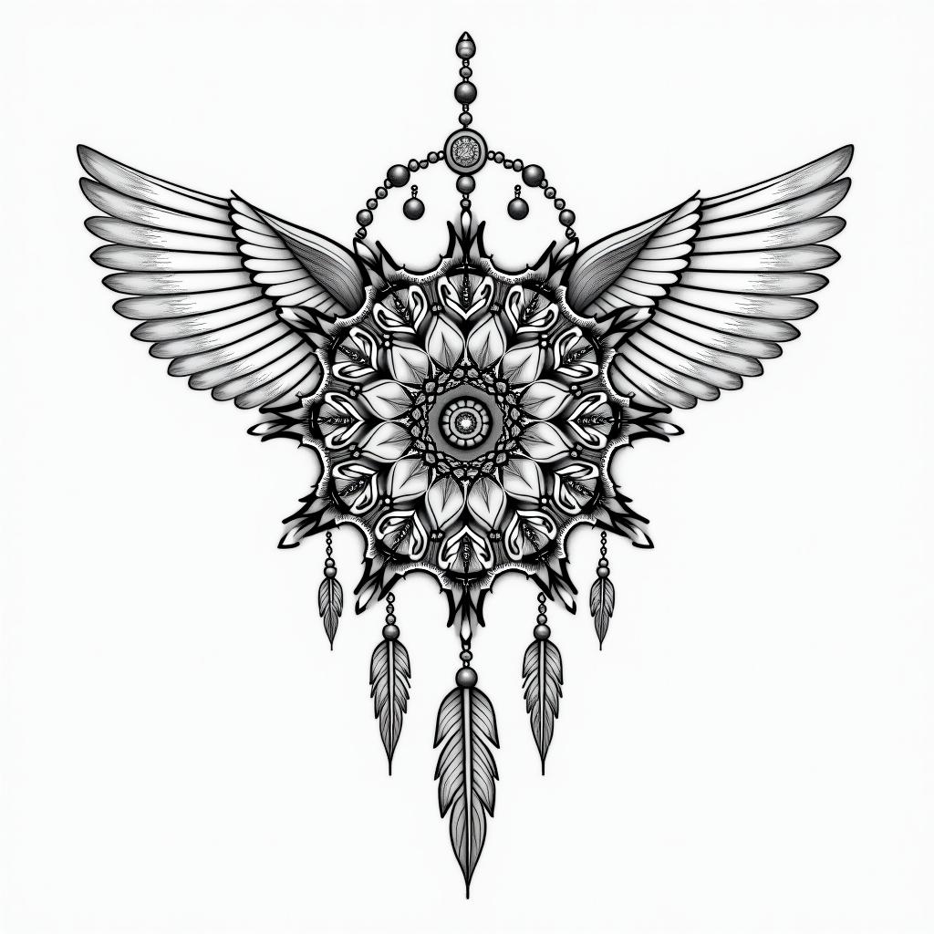 Feather 
dream catcher in geometric style tattoo, blending hexagons, mandala-inspired patterns, symmetrical and fractal design, clean lines, sharp angles - Variation 2