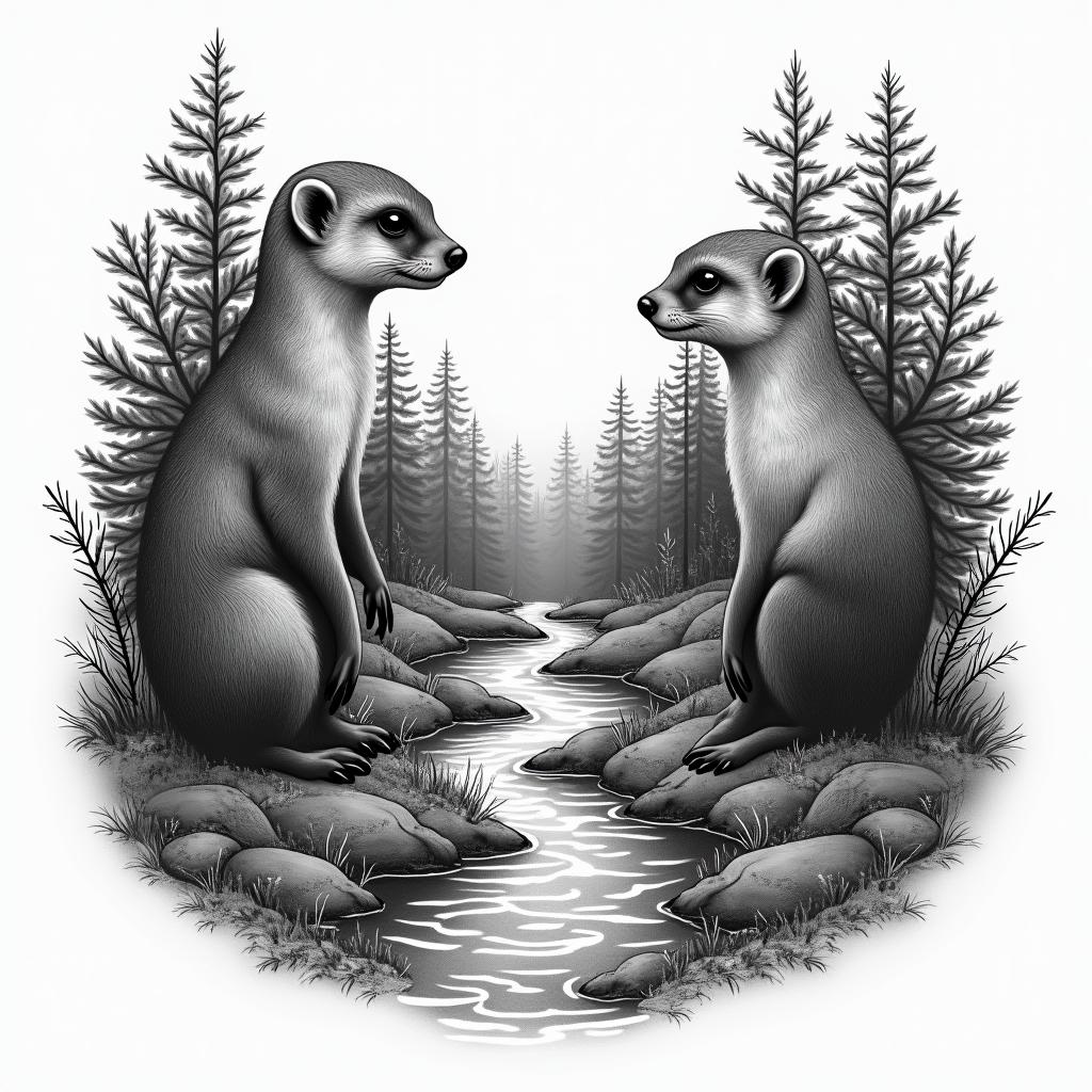 Forest and stream, meerkats labeled with the inscription "Timon."in bohemian style tattoo, 8k - Variation 3