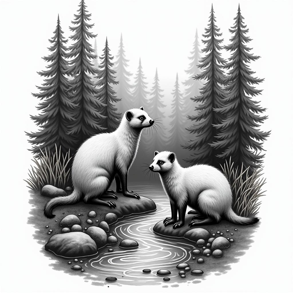 Forest and stream, meerkats labeled with the inscription "Timon."in bohemian style tattoo, 8k - Variation 2