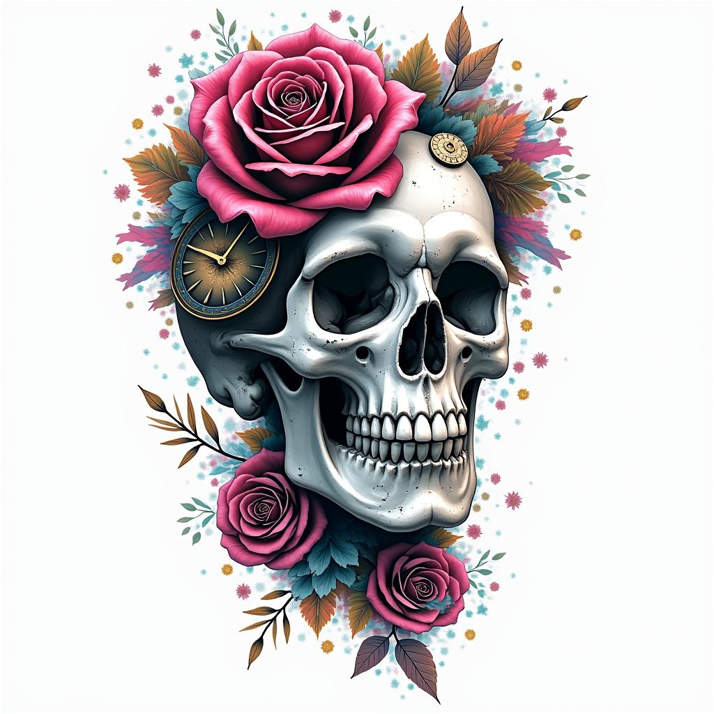 Skull with roses and clock elementsin distorted and fragmented tattoo design, featuring a classical statue bust, in a glitch art style with vibrant, overlapping colors of cyan, magenta, and yellow, creating a digital distortion effect - Variation 7