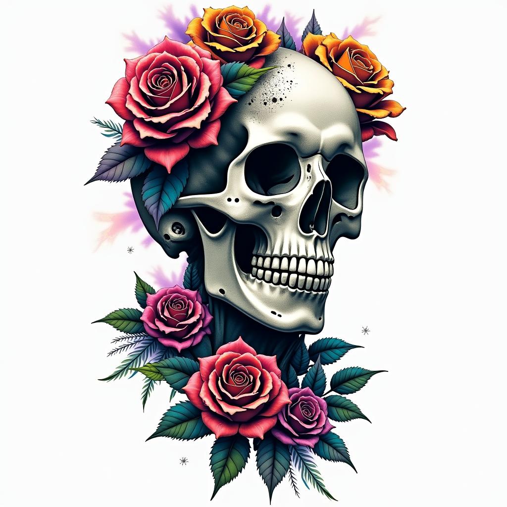 Skull with roses and clock elementsin distorted and fragmented tattoo design, featuring a classical statue bust, in a glitch art style with vibrant, overlapping colors of cyan, magenta, and yellow, creating a digital distortion effect - Variation 6