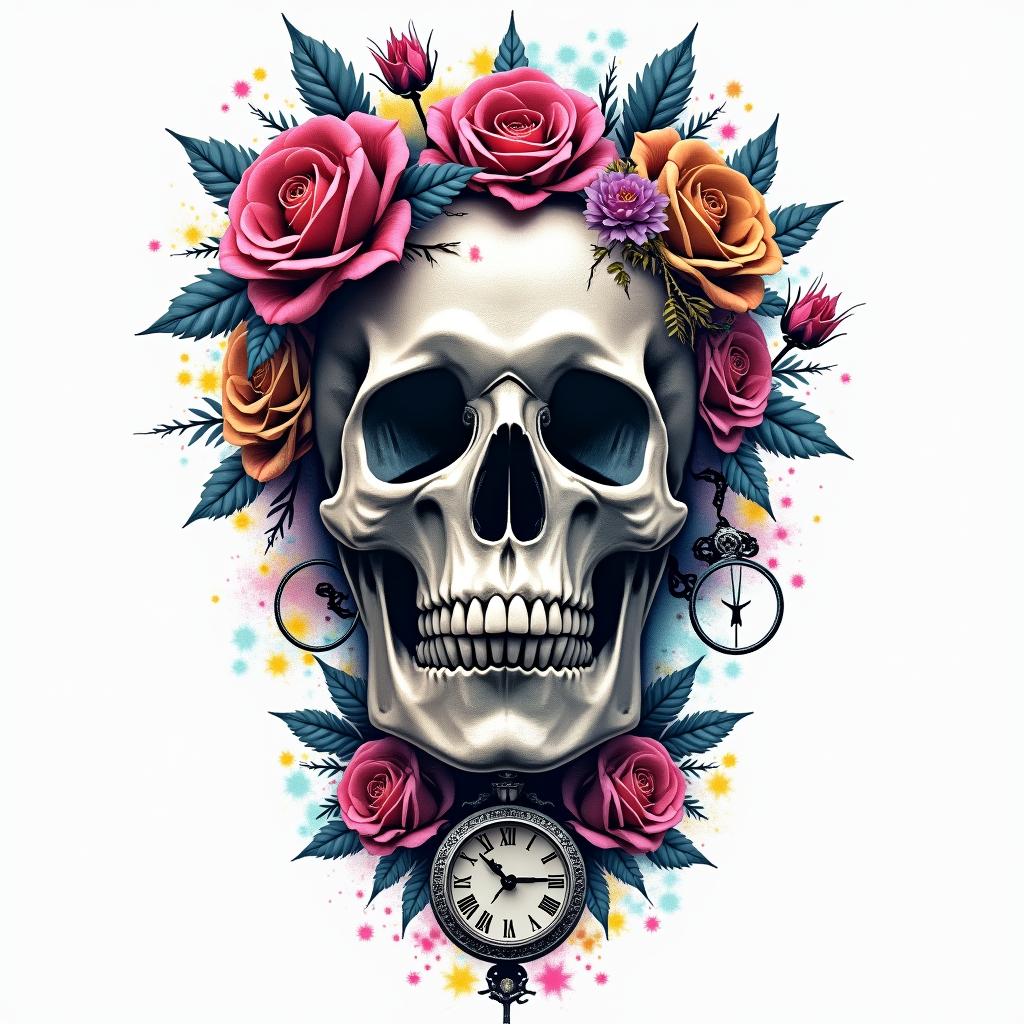 Skull with roses and clock elementsin distorted and fragmented tattoo design, featuring a classical statue bust, in a glitch art style with vibrant, overlapping colors of cyan, magenta, and yellow, creating a digital distortion effect - Variation 8