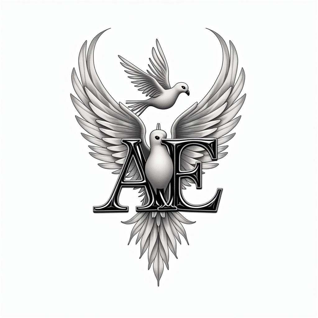 A filigran tattoo design featuring the letters "A" and "E," where "A" symbolizes an angel and "E" represents peace, intertwined with delicate feathers and a peace dove. Incorporate the birth date "08.10.2023" in an elegant font, representing a strong bond with a wife and son, creating a meaningful and symbolic piece.higly detailed tattoo