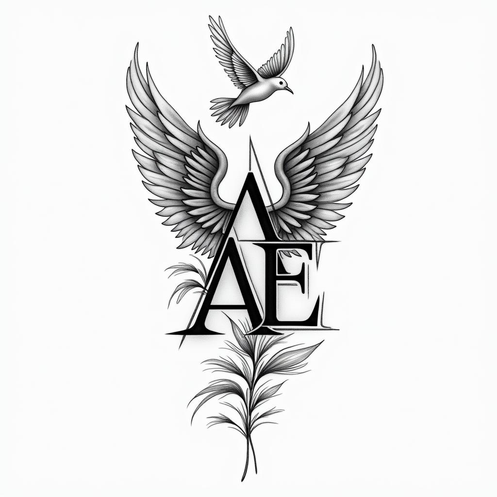 A filigran tattoo design featuring the letters "A" and "E," where "A" symbolizes an angel and "E" represents peace, intertwined with delicate feathers and a peace dove. Incorporate the birth date "08.10.2023" in an elegant font, representing a strong bond with a wife and son, creating a meaningful and symbolic piece.higly detailed tattoo - Variation 3