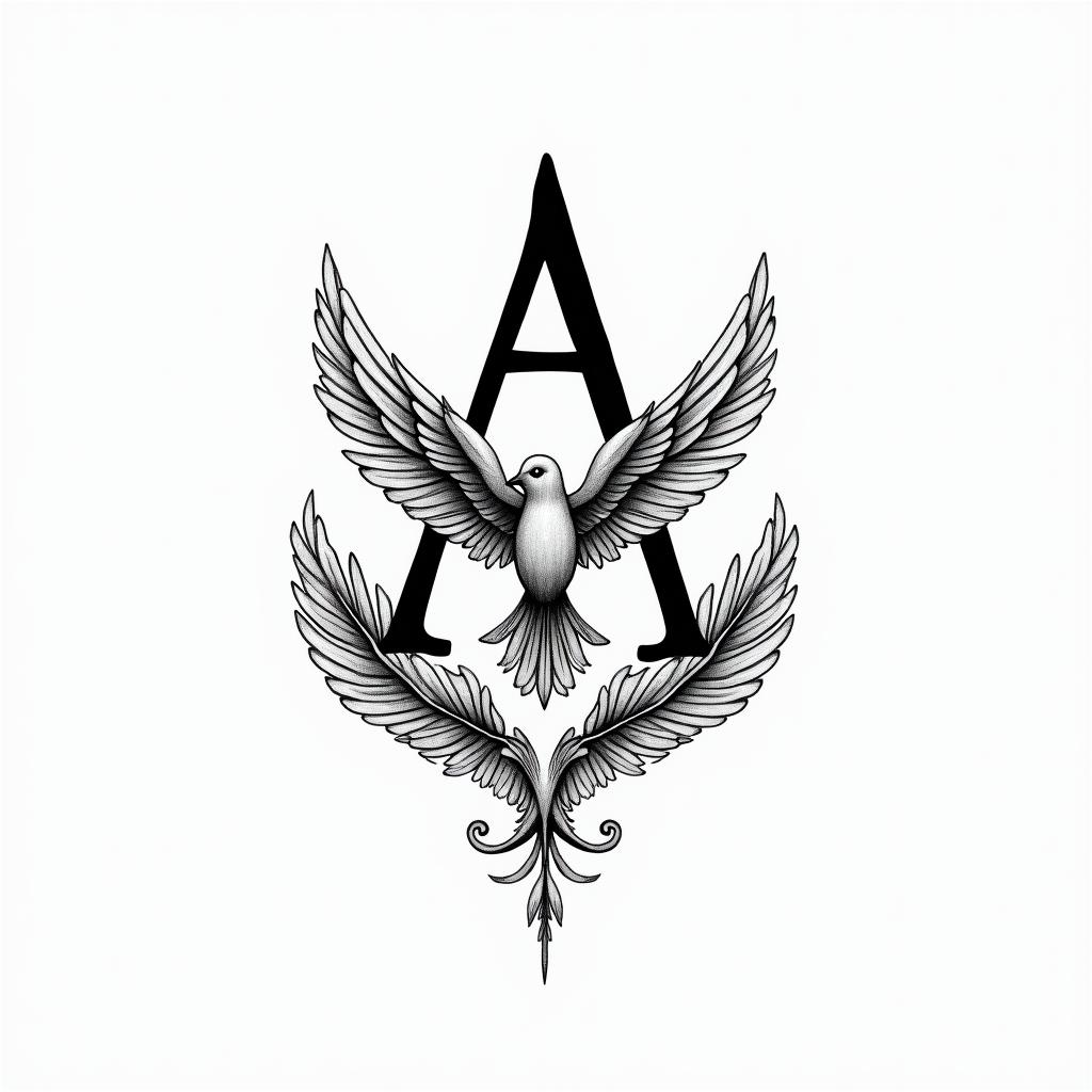 A filigran tattoo design featuring the letters "A" and "E," where "A" symbolizes an angel and "E" represents peace, intertwined with delicate feathers and a peace dove. Incorporate the birth date "08.10.2023" in an elegant font, representing a strong bond with a wife and son, creating a meaningful and symbolic piece.higly detailed tattoo - Variation 2
