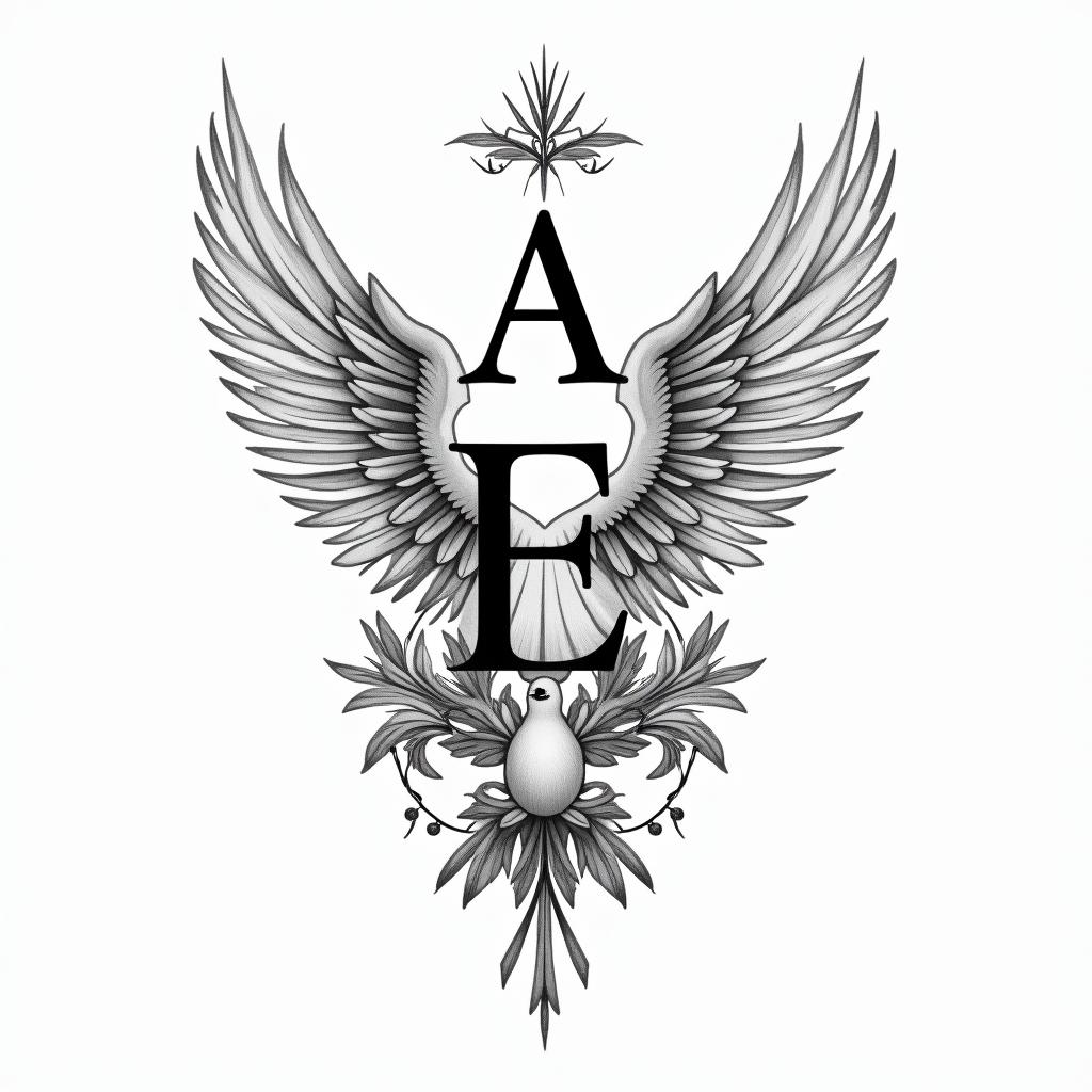 A filigran tattoo design featuring the letters "A" and "E," where "A" symbolizes an angel and "E" represents peace, intertwined with delicate feathers and a peace dove. Incorporate the birth date "08.10.2023" in an elegant font, representing a strong bond with a wife and son, creating a meaningful and symbolic piece.higly detailed tattoo - Variation 4