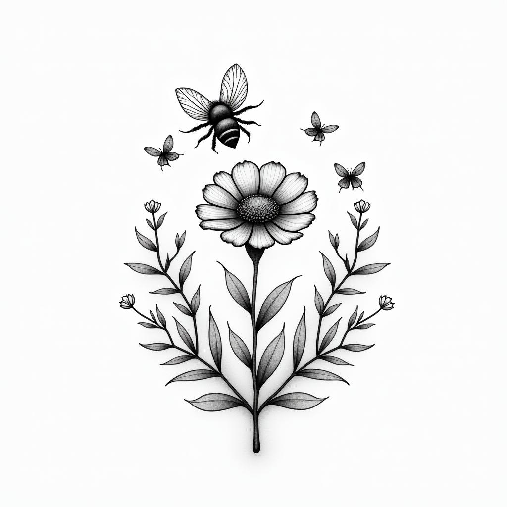 Bees, flower, landscapein Modest style tattoo, featuring soft, delicate line work with simple and meaningful symbols, gentle waves, a heart, evoking a sense of serenity and grace, - Variation 2