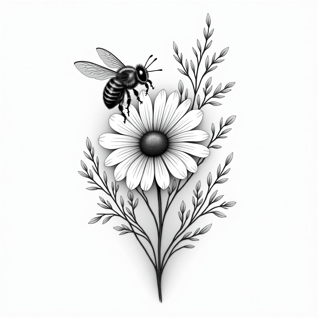 Bees, flower, landscapein Modest style tattoo, featuring soft, delicate line work with simple and meaningful symbols, gentle waves, a heart, evoking a sense of serenity and grace, - Variation 1