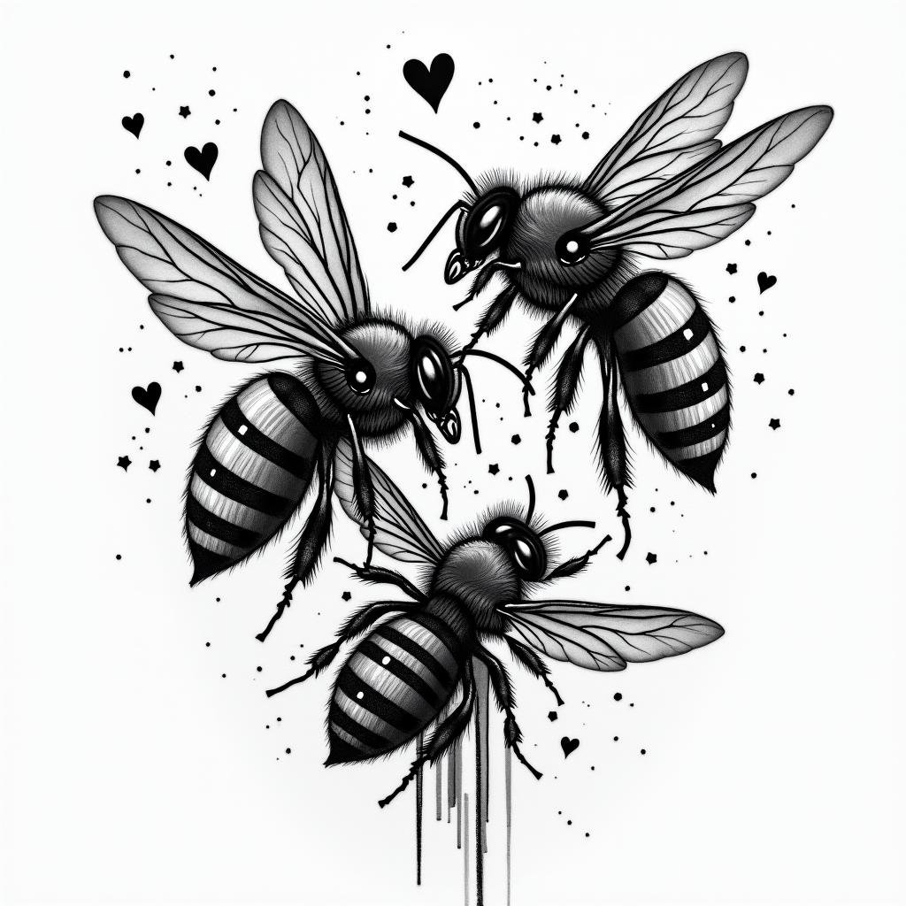 Bees, landscapesin graffiti style tattoo, featuring bold and dynamic street art elements, spray-paint texture with exaggerated lines and expressive, chaotic brushstrokes, intricate lettering incorporated with graffiti tags, symbols like hearts, stars, and wings - Variation 4