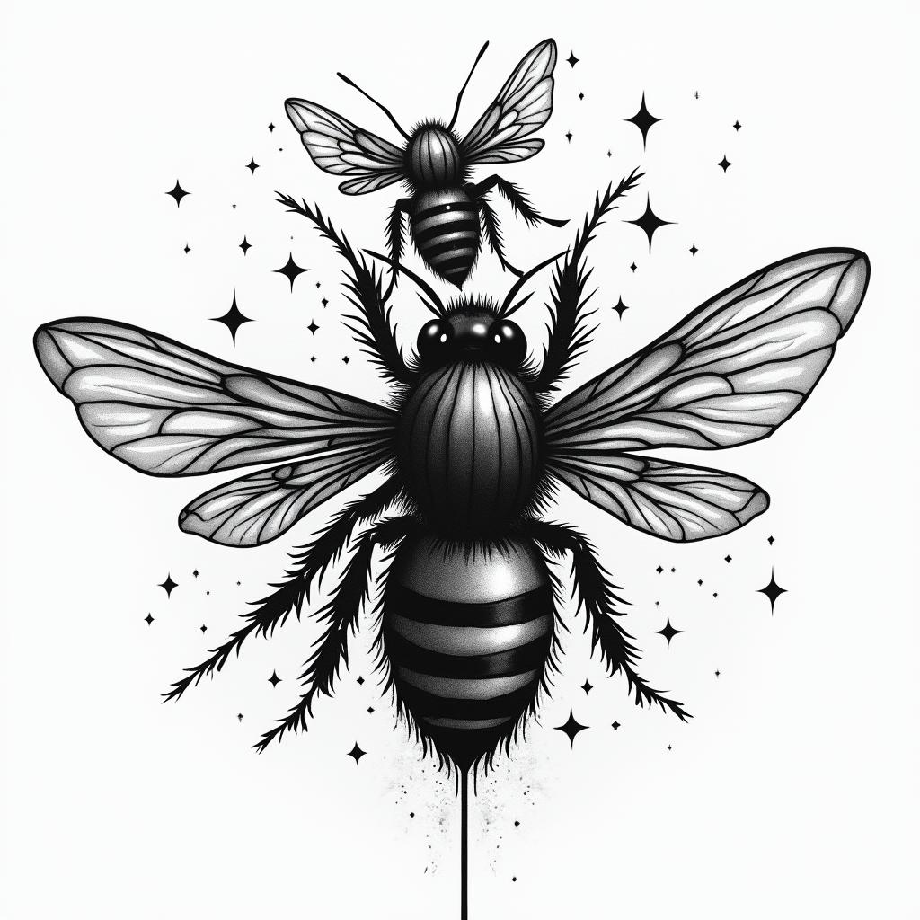 Bees, landscapesin graffiti style tattoo, featuring bold and dynamic street art elements, spray-paint texture with exaggerated lines and expressive, chaotic brushstrokes, intricate lettering incorporated with graffiti tags, symbols like hearts, stars, and wings