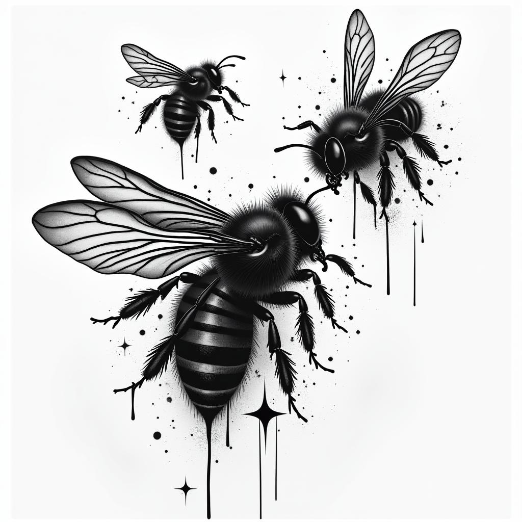 Bees, landscapesin graffiti style tattoo, featuring bold and dynamic street art elements, spray-paint texture with exaggerated lines and expressive, chaotic brushstrokes, intricate lettering incorporated with graffiti tags, symbols like hearts, stars, and wings - Variation 3