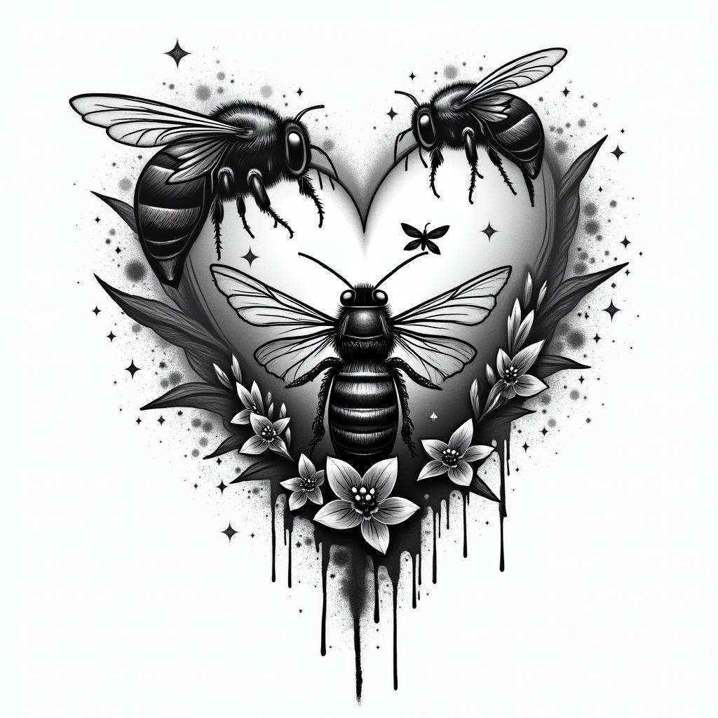 Bees, landscapesin graffiti style tattoo, featuring bold and dynamic street art elements, spray-paint texture with exaggerated lines and expressive, chaotic brushstrokes, intricate lettering incorporated with graffiti tags, symbols like hearts, stars, and wings - Variation 2