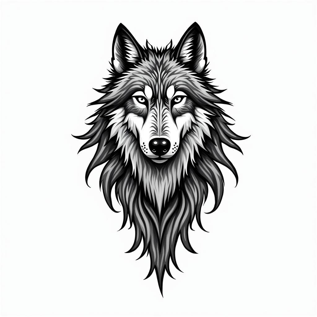 A tribal design that combines a realistic and abstract wolf, symbolizing leadership and perseverance. The wolf is in a majestic posture, with intricate tribal features that enhance its strength and presence.higly detailed tattoo - Variation 5