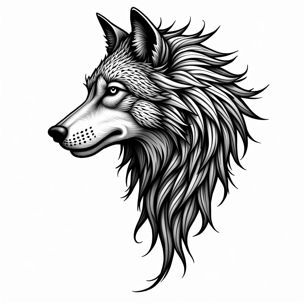 A tribal design that combines a realistic and abstract wolf, symbolizing leadership and perseverance. The wolf is in a majestic posture, with intricate tribal features that enhance its strength and presence.higly detailed tattoo - Variation 7