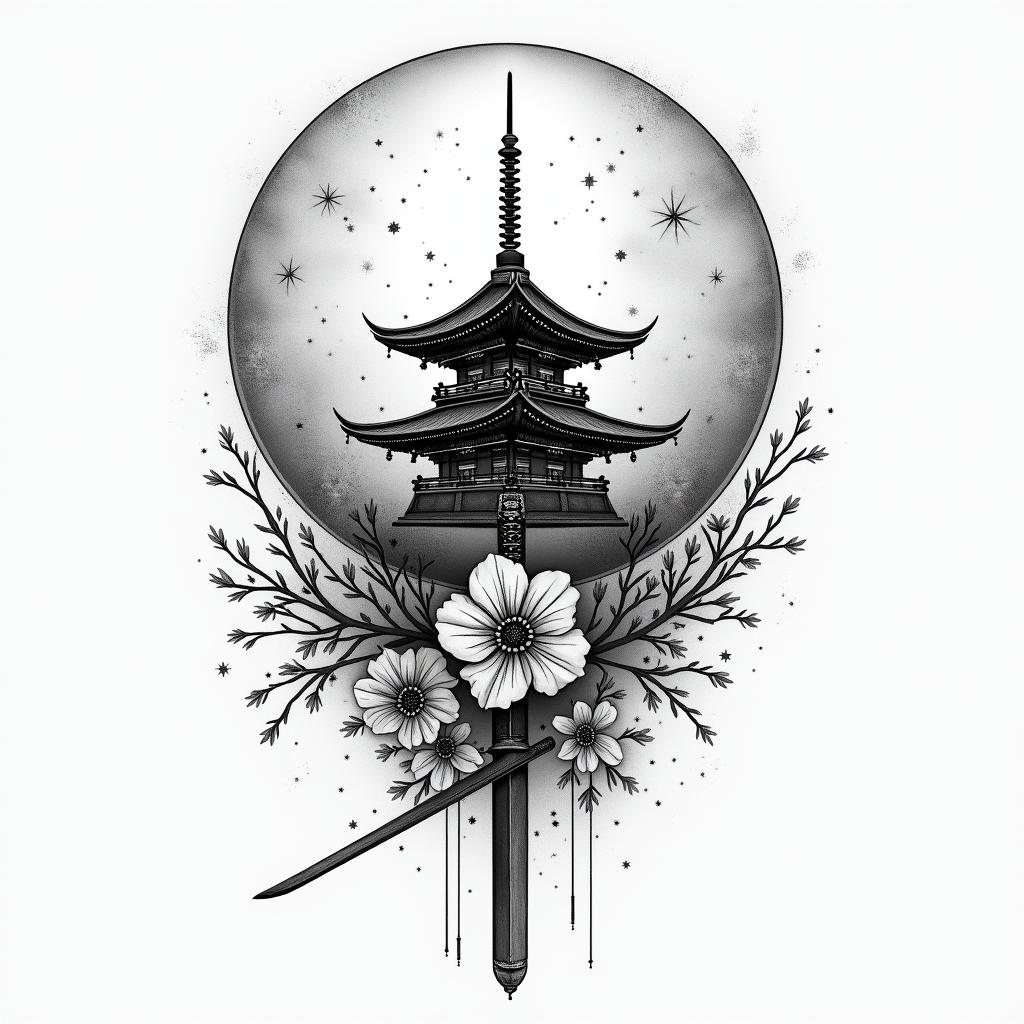 A tattoo in the micro realism style with lines and plan, featuring a temple and cherry blossom, a katana, the words resilience and courage.higly detailed tattoo - Variation 4