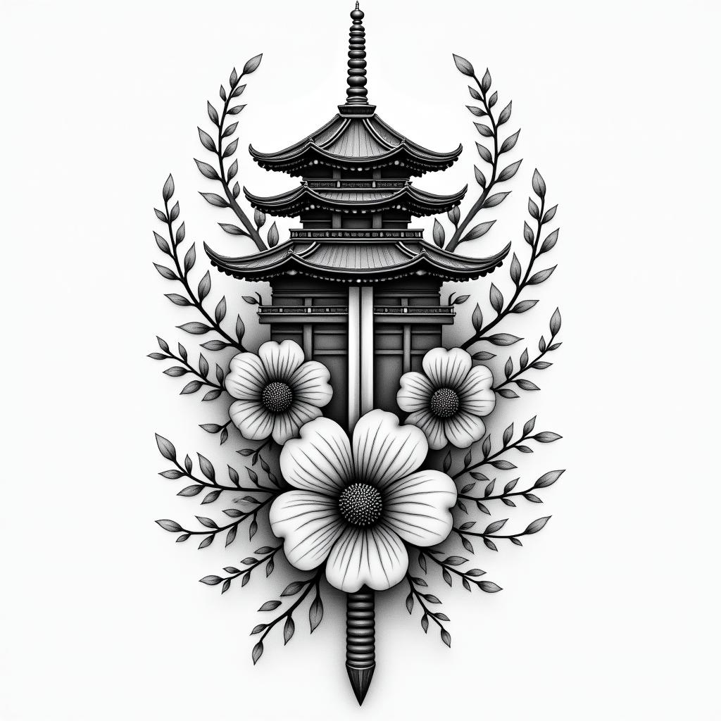 A tattoo in the micro realism style with lines and plan, featuring a temple and cherry blossom, a katana, the words resilience and courage.higly detailed tattoo - Variation 3