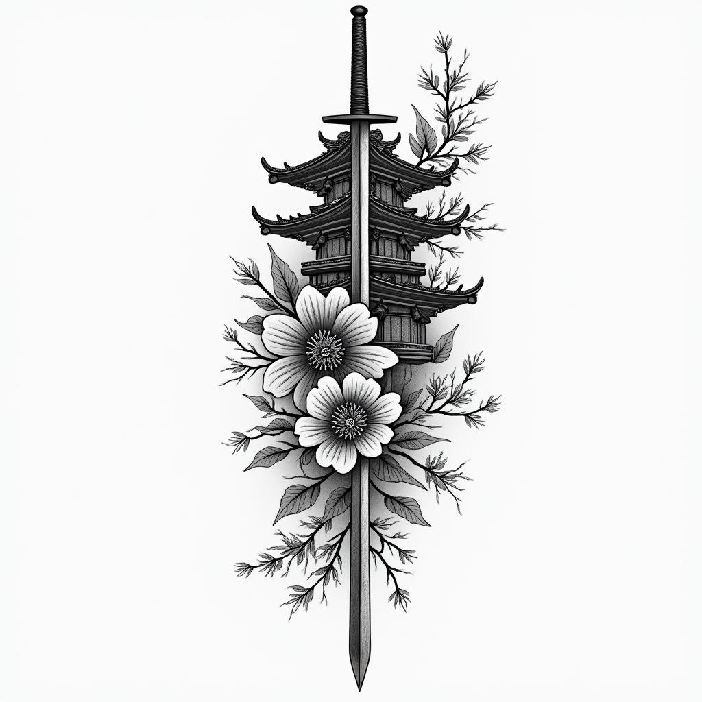 A tattoo in the micro realism style with lines and plan, featuring a temple and cherry blossom, a katana, the words resilience and courage.higly detailed tattoo - Variation 2