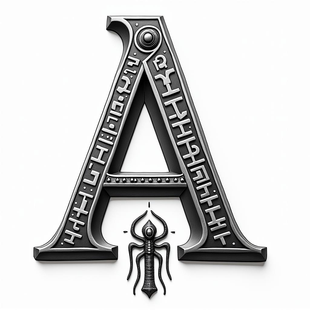 Isometric drawing of the letter Ain egyptian style tattoo, bold elements of ancient egyptian culture including a portrait of an Egyptian pharaoh with detailed facial features, in hieroglyphs and symbolic imagery, eye of horus, ankh symbol, scarab beetle - Variation 4