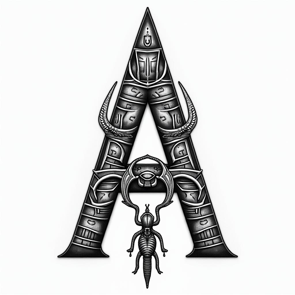 Isometric drawing of the letter Ain egyptian style tattoo, bold elements of ancient egyptian culture including a portrait of an Egyptian pharaoh with detailed facial features, in hieroglyphs and symbolic imagery, eye of horus, ankh symbol, scarab beetle - Variation 2