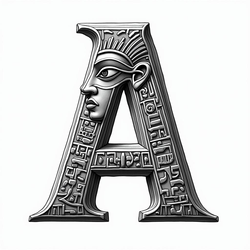 Isometric drawing of the letter Ain egyptian style tattoo, bold elements of ancient egyptian culture including a portrait of an Egyptian pharaoh with detailed facial features, in hieroglyphs and symbolic imagery, eye of horus, ankh symbol, scarab beetle - Variation 3