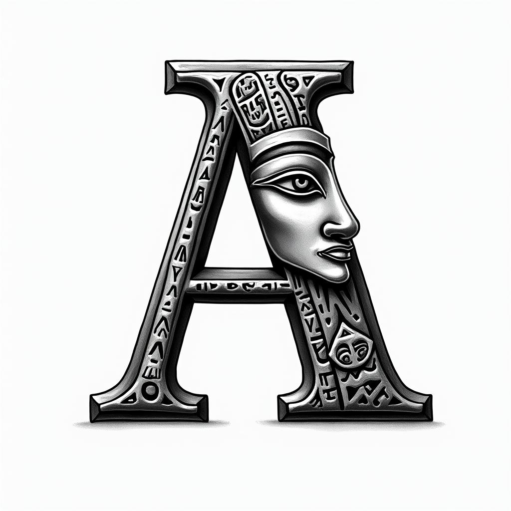 Isometric drawing of the letter Ain egyptian style tattoo, bold elements of ancient egyptian culture including a portrait of an Egyptian pharaoh with detailed facial features, in hieroglyphs and symbolic imagery, eye of horus, ankh symbol, scarab beetle