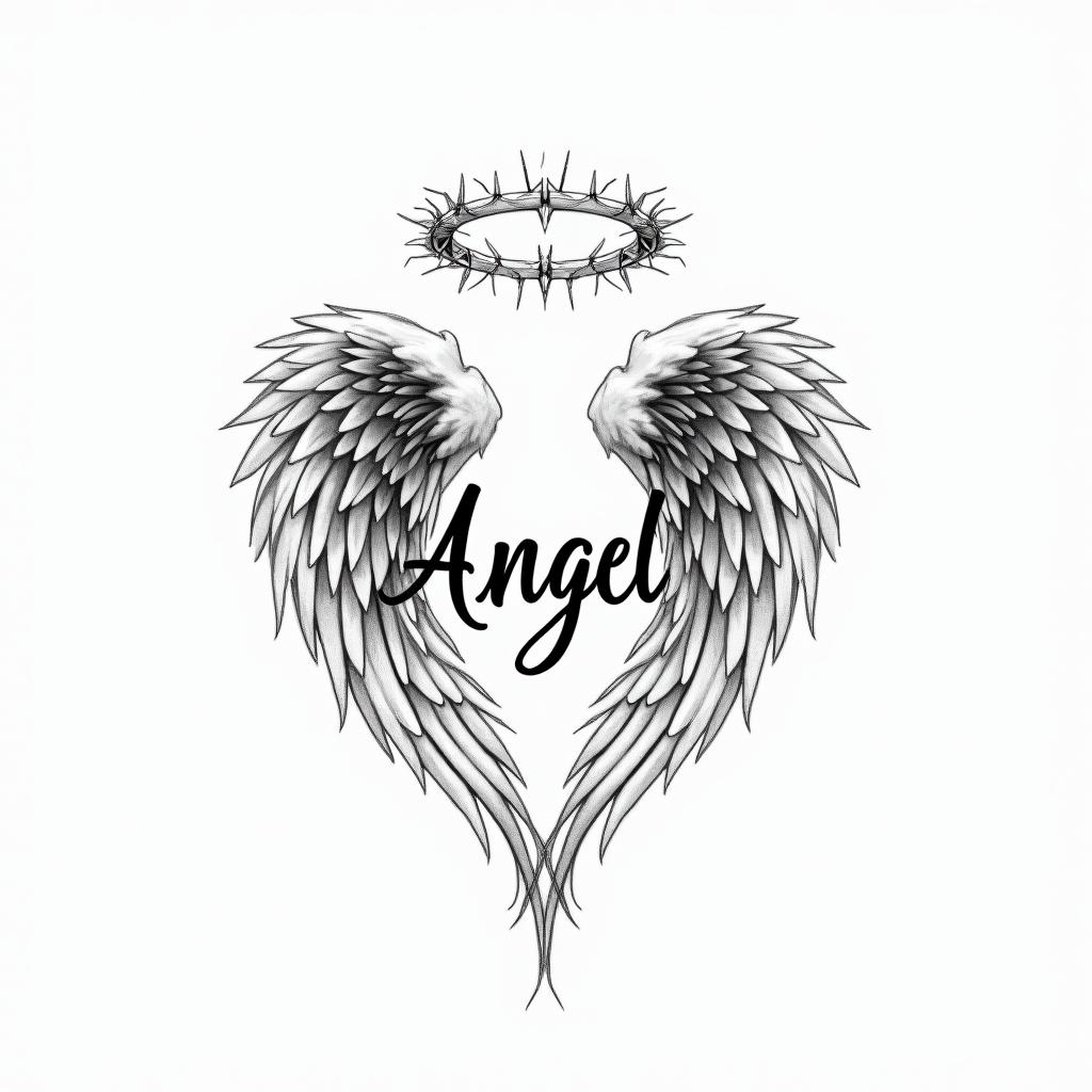 A tattoo design featuring the name "Άγγελος" meaning "Angel," elegantly intertwined with the birth date "08.10.2023." The design focuses on the angel theme, possibly with delicate angel wings or a halo, creating a harmonious layout that emphasizes both the name and the date in a beautiful, flowing style. The overall look should be timeless and meaningful, with a touch of grace and serenity, suitable for a tribute to a beloved son.higly detailed tattoo - Variation 4