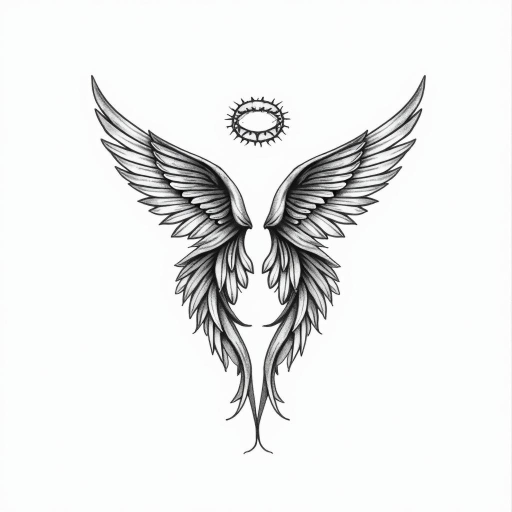 A tattoo design featuring the name "Άγγελος" meaning "Angel," elegantly intertwined with the birth date "08.10.2023." The design focuses on the angel theme, possibly with delicate angel wings or a halo, creating a harmonious layout that emphasizes both the name and the date in a beautiful, flowing style. The overall look should be timeless and meaningful, with a touch of grace and serenity, suitable for a tribute to a beloved son.higly detailed tattoo - Variation 2