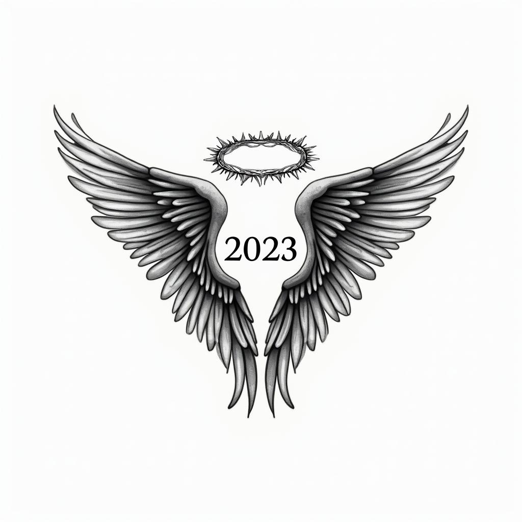 A tattoo design featuring the name "Άγγελος" meaning "Angel," elegantly intertwined with the birth date "08.10.2023." The design focuses on the angel theme, possibly with delicate angel wings or a halo, creating a harmonious layout that emphasizes both the name and the date in a beautiful, flowing style. The overall look should be timeless and meaningful, with a touch of grace and serenity, suitable for a tribute to a beloved son.higly detailed tattoo - Variation 3