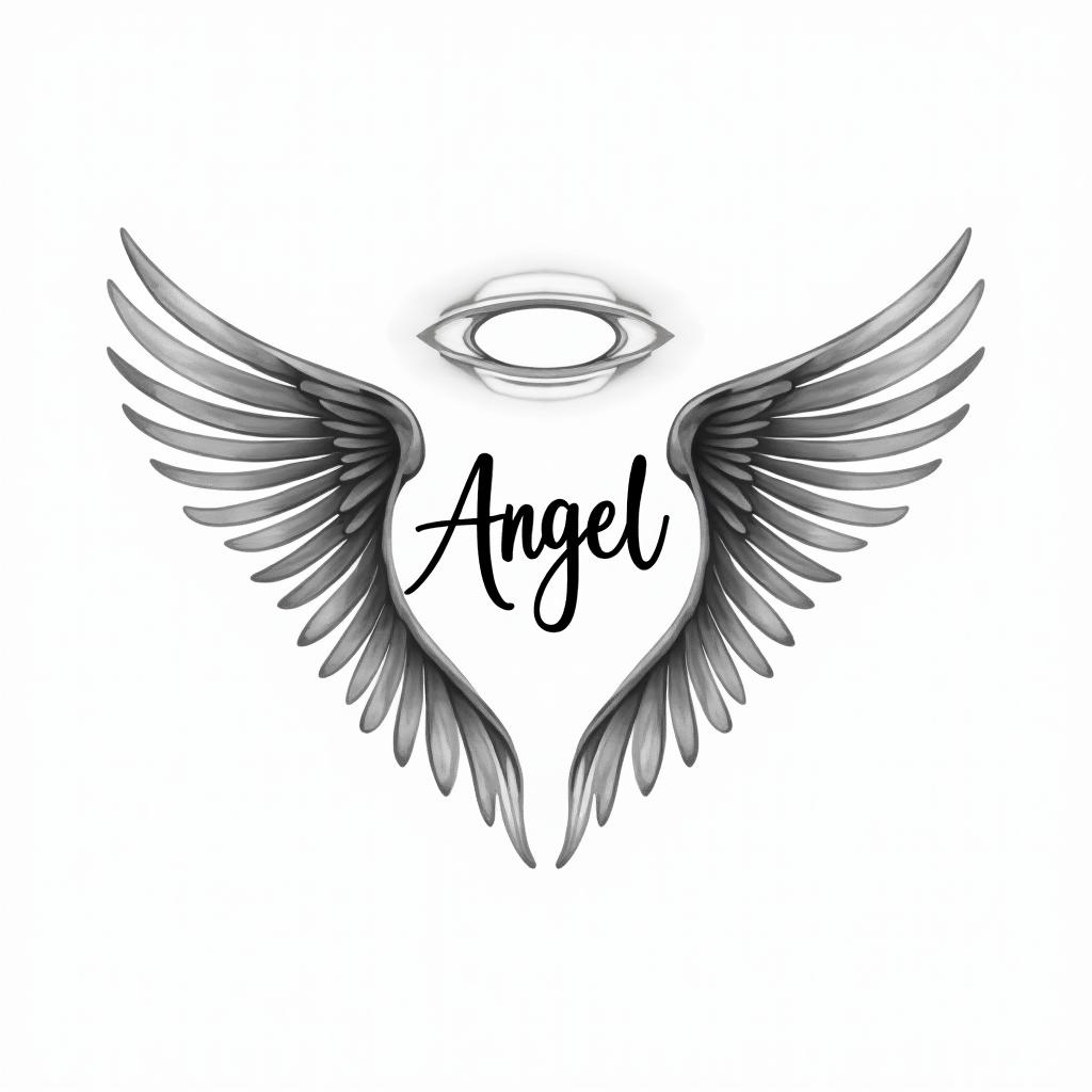 A tattoo design featuring the name "Άγγελος" meaning "Angel," elegantly intertwined with the birth date "08.10.2023." The design focuses on the angel theme, possibly with delicate angel wings or a halo, creating a harmonious layout that emphasizes both the name and the date in a beautiful, flowing style. The overall look should be timeless and meaningful, with a touch of grace and serenity, suitable for a tribute to a beloved son.higly detailed tattoo
