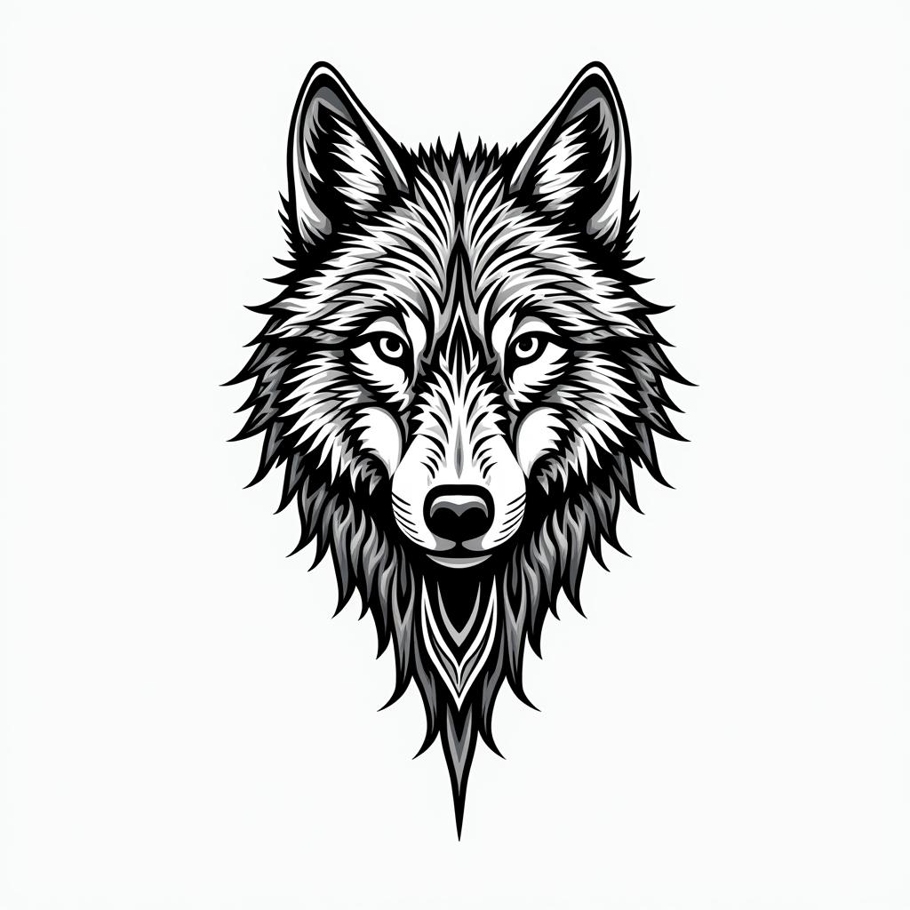 A tribal design that combines a realistic and abstract wolf, symbolizing leadership and perseverance. The wolf is in a majestic posture, with intricate tribal features that enhance its strength and presence.higly detailed tattoo - Variation 4