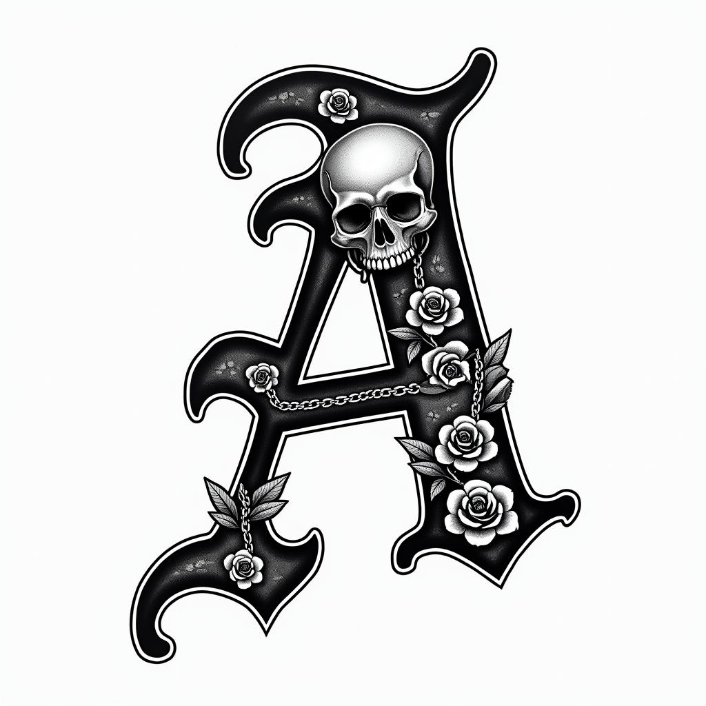 Isometric drawing of the letter Ain chicano style tattoo, featuring intricate black and grey shading, bold elements of traditional chicano culture symbols, add a big cross with skull, chains and roses - Variation 4