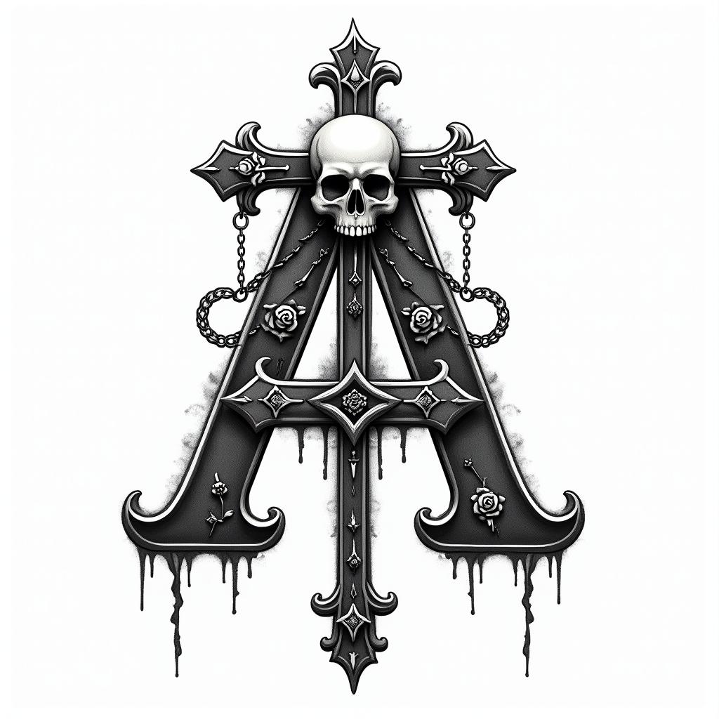 Isometric drawing of the letter Ain chicano style tattoo, featuring intricate black and grey shading, bold elements of traditional chicano culture symbols, add a big cross with skull, chains and roses - Variation 3