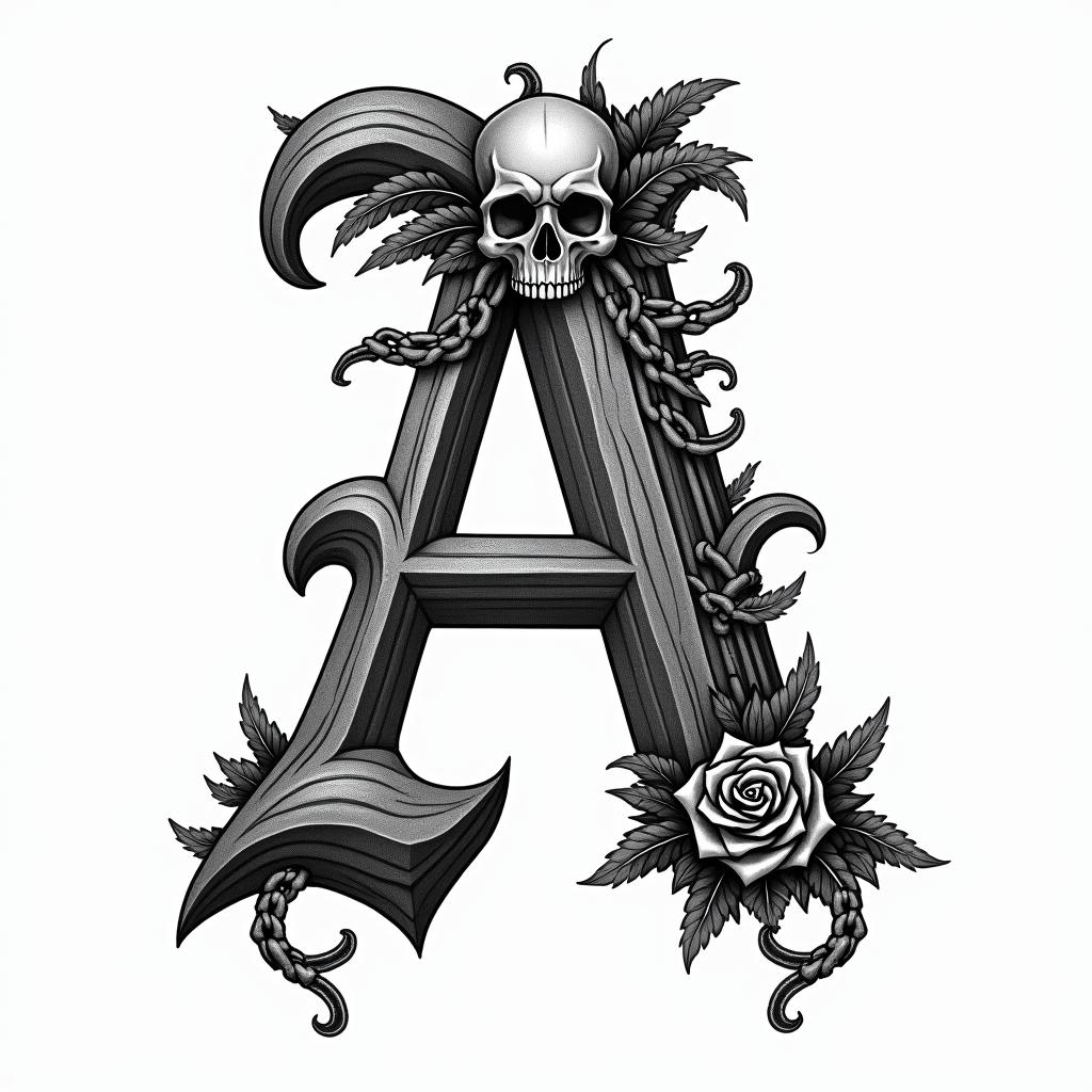 Isometric drawing of the letter Ain chicano style tattoo, featuring intricate black and grey shading, bold elements of traditional chicano culture symbols, add a big cross with skull, chains and roses - Variation 2