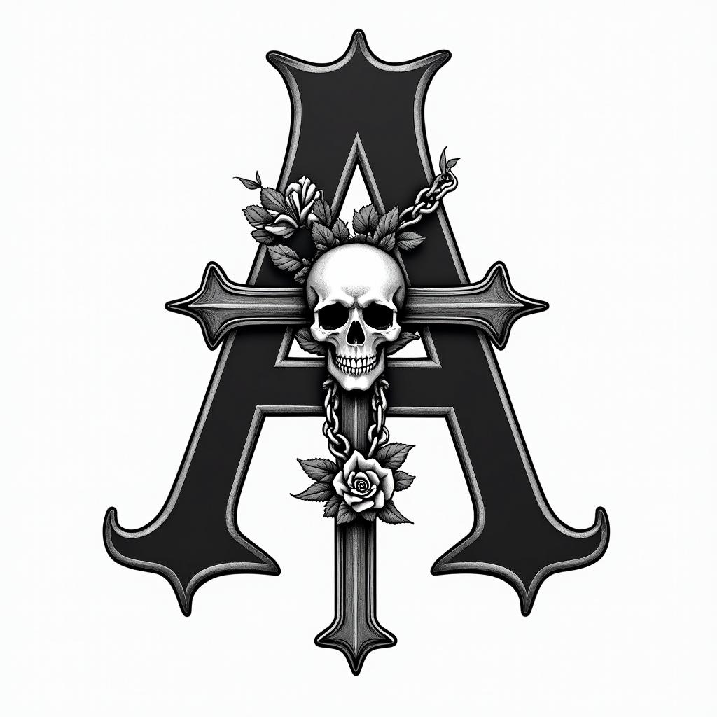 Isometric drawing of the letter Ain chicano style tattoo, featuring intricate black and grey shading, bold elements of traditional chicano culture symbols, add a big cross with skull, chains and roses