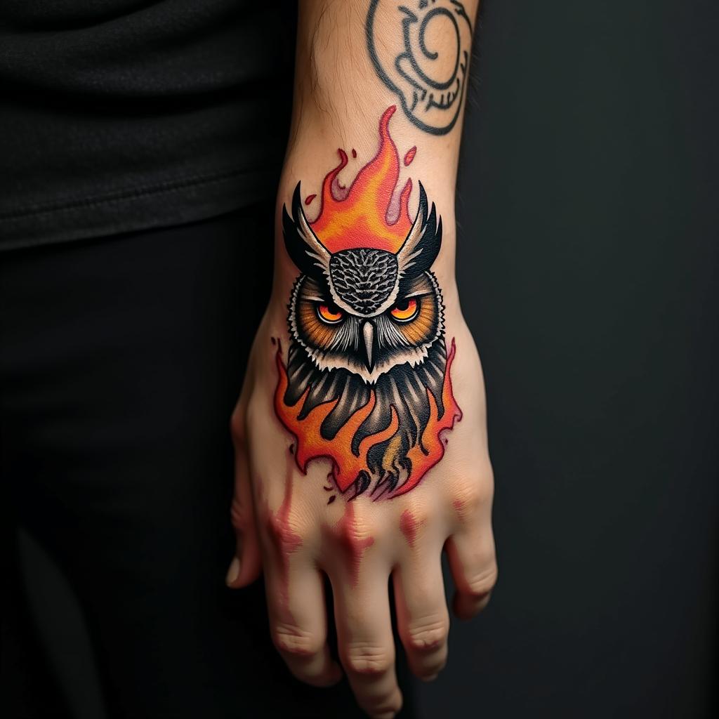Angry Horned Owlin flame tattoo style showcasing fiery elements with dynamic flame patterns, glowing effect of flames, natural colors - Variation 4