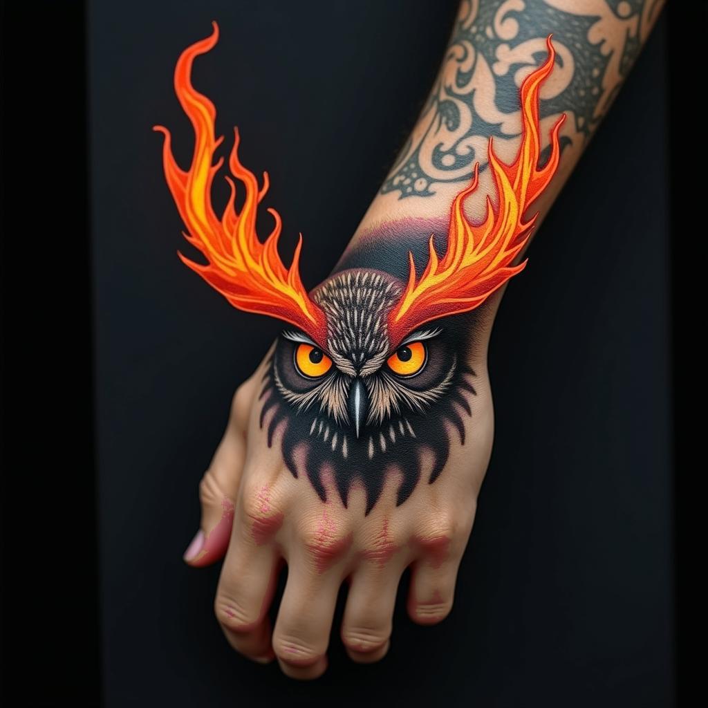 Angry Horned Owlin flame tattoo style showcasing fiery elements with dynamic flame patterns, glowing effect of flames, natural colors - Variation 3