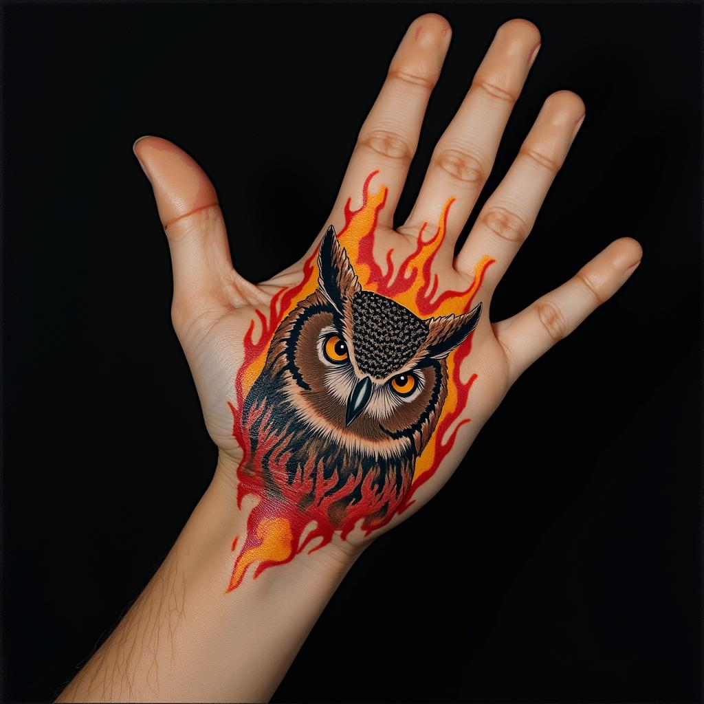 Angry Horned Owlin flame tattoo style showcasing fiery elements with dynamic flame patterns, glowing effect of flames, natural colors - Variation 2