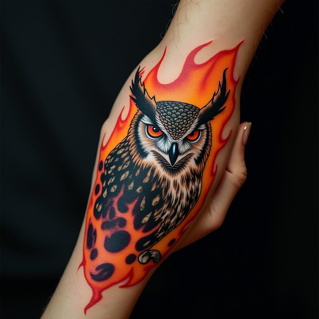 Angry Horned Owlin flame tattoo style showcasing fiery elements with dynamic flame patterns, glowing effect of flames, natural colors