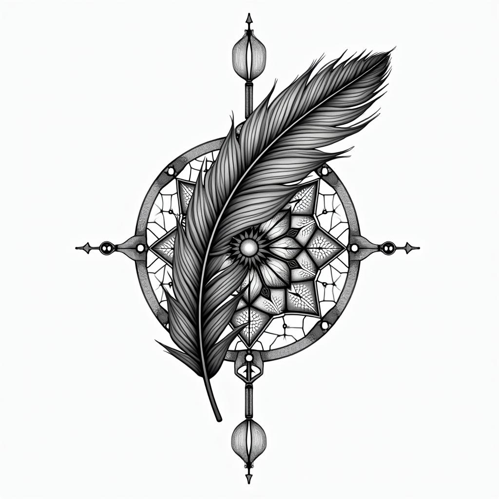 Feather 
dream catcher in geometric style tattoo, blending hexagons, mandala-inspired patterns, symmetrical and fractal design, clean lines, sharp angles