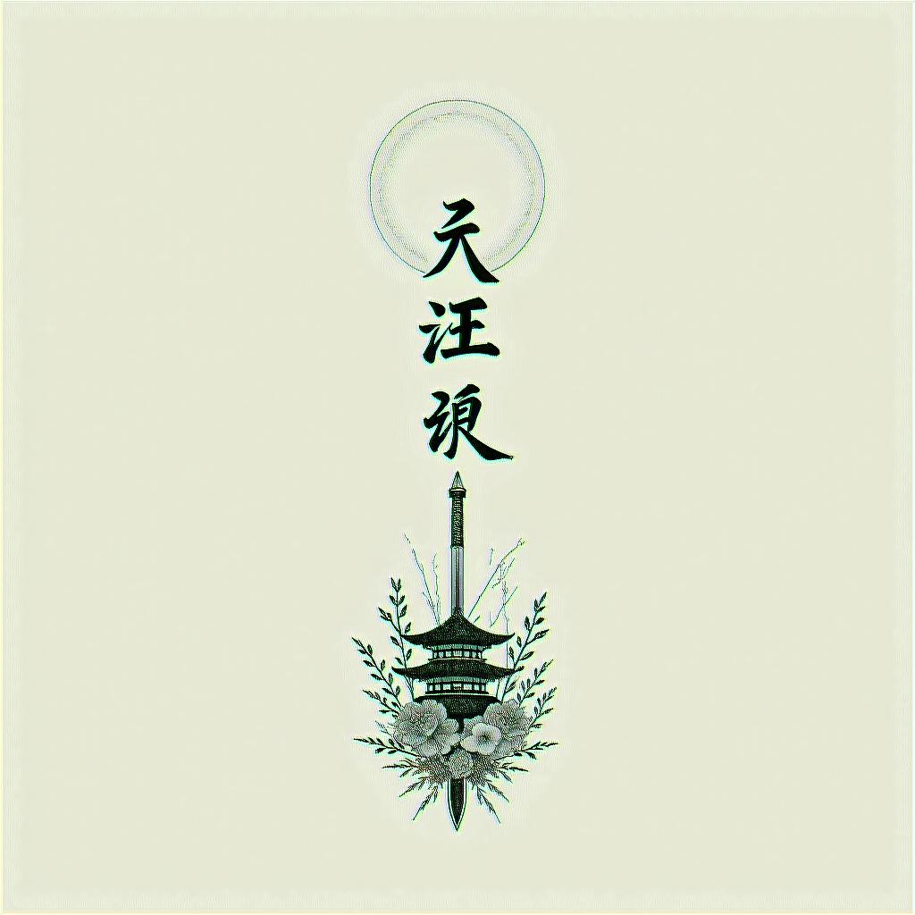 A minimalist tattoo design featuring the word "résilience" in elegant Japanese calligraphy, set in a serene Japanese landscape that embodies zen. The scene includes a traditional temple, delicate cherry blossom flowers, and a sleek katana, all rendered in a micro-realistic style with emphasis on line and shadow. The overall aesthetic captures courage and strength while maintaining a tranquil atmosphere.higly detailed tattoo - Variation 2