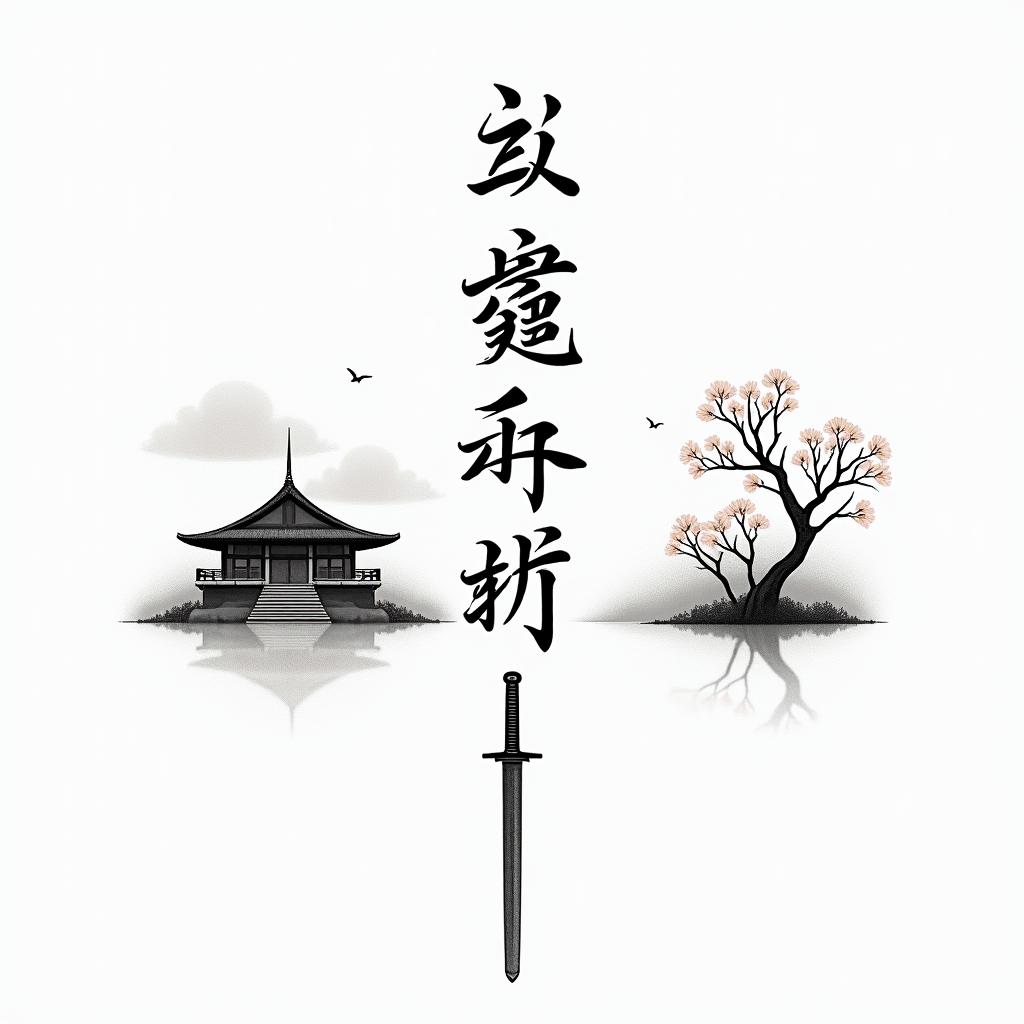 A minimalist tattoo design featuring the word "résilience" in elegant Japanese calligraphy, set in a serene Japanese landscape that embodies zen. The scene includes a traditional temple, delicate cherry blossom flowers, and a sleek katana, all rendered in a micro-realistic style with emphasis on line and shadow. The overall aesthetic captures courage and strength while maintaining a tranquil atmosphere.higly detailed tattoo